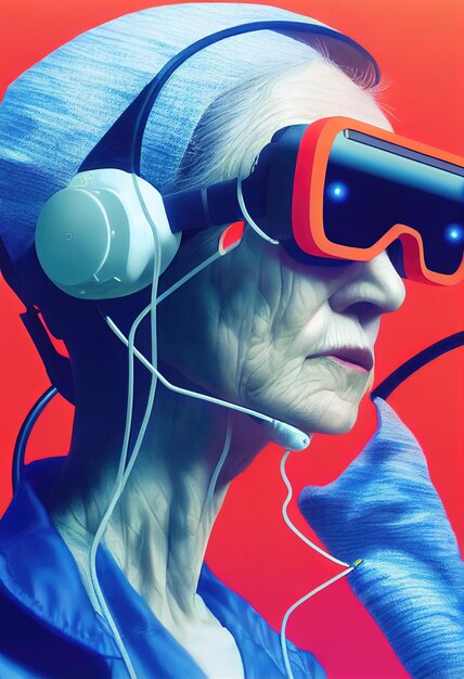 Portrait fictif d'une grand-mère dans un style cyberpunk futuriste avec un cyber casque