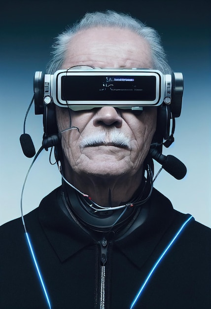 Portrait fictif d'un grand-père dans un style cyberpunk futuriste avec un cyber casque