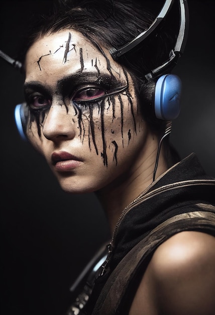 Portrait fictif d'un guerrier cyberpunk scifi Femme futuriste hightech du futur