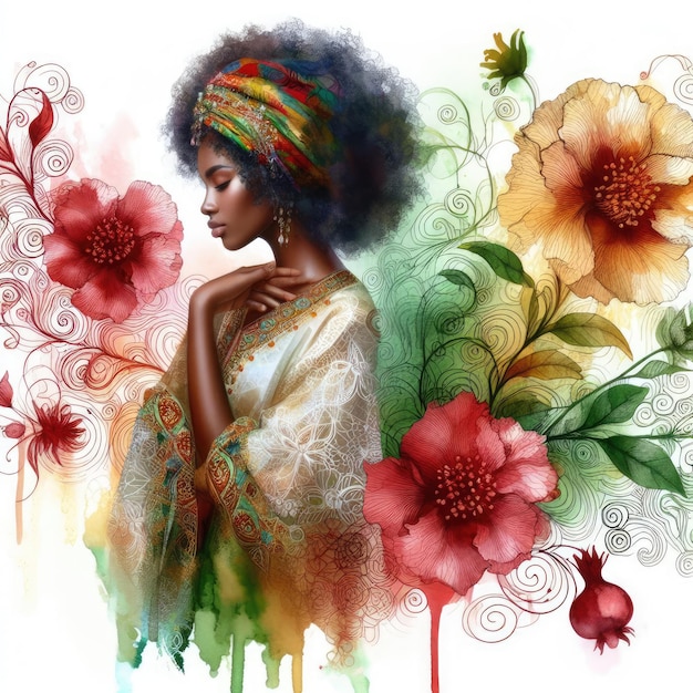 Portrait d'une fille africaine avec un design floral avec une IA générative