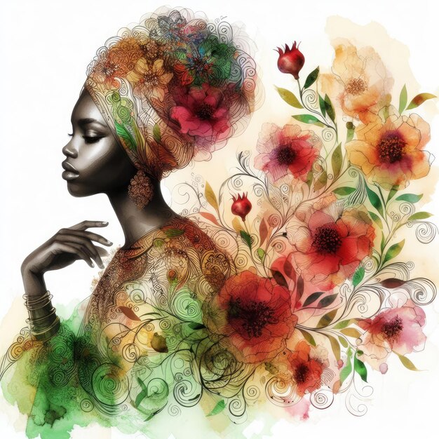 Portrait d'une fille africaine avec un design floral avec une IA générative