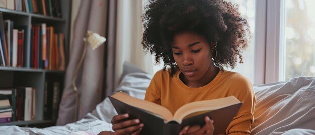 Un portrait d'une fille afro-américaine perdue dans un livre