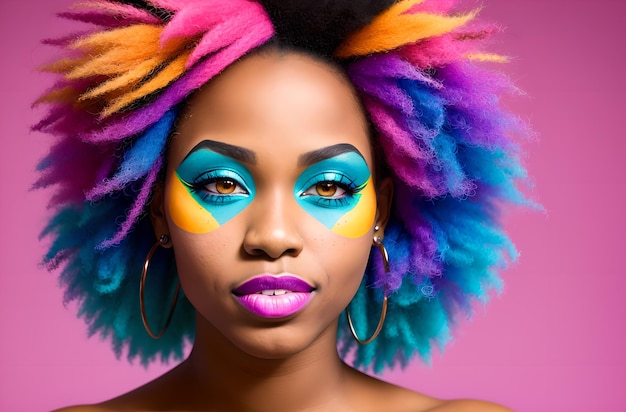 Portrait d'une fille afro-américaine punk avec un maquillage brillant et des cheveux colorés Generative AI