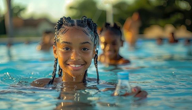 Portrait d'une fille afro-américaine souriante à l'intérieur d'une piscine avec une bouteille d'eau en plastique