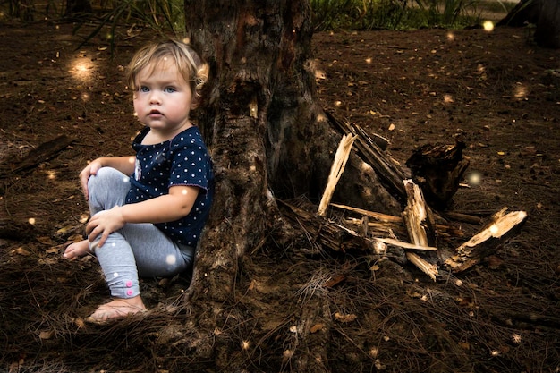 Photo portrait d'une fille assise près du tronc d'un arbre sur un champ dans un parc