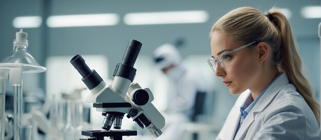 Portrait d'une fille assistante de laboratoire au microscope