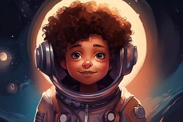 Portrait d'une fille astronaute africaine bouclée dans un style de dessin animé de casque d'astronaute Généré ai