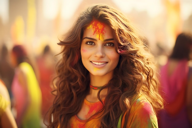 Portrait d'une fille au festival de Holi arc-en-ciel de couleurs et une fête de bonheur multicolore