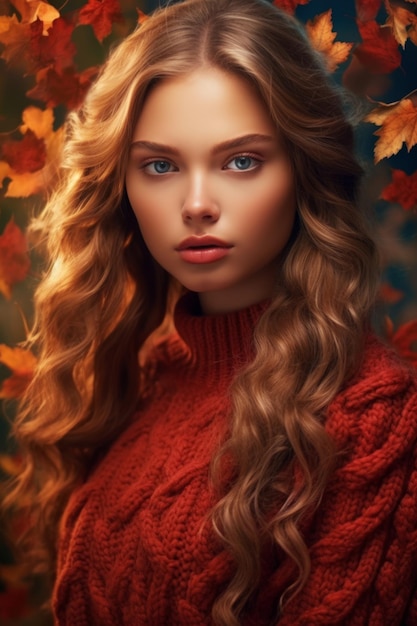 Un portrait d'une fille aux yeux bleus et un pull rouge.