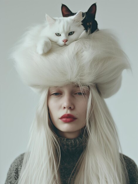 Portrait d'une fille blonde claire avec un chapeau d'un lit de chat avec des chats de différentes couleurs