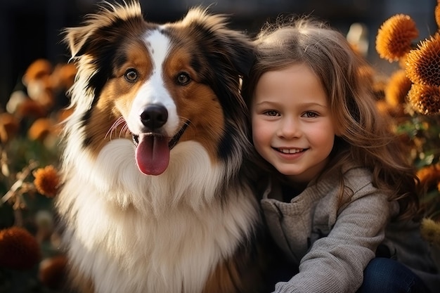 Portrait d'une fille et d'un chien collie sur un fond de fleurs