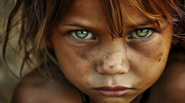 Photo portrait d'une fille en colère avec un visage sale des yeux verts brillants format horizontal