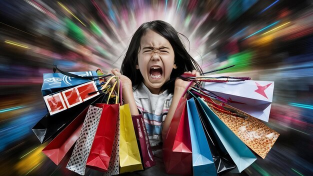 Photo portrait d'une fille criant tenant des sacs à courses