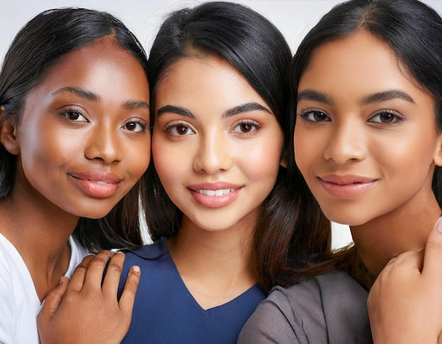 Portrait de fille diversifiée trois de belles femmes avec une beauté naturelle lueur peau lisse