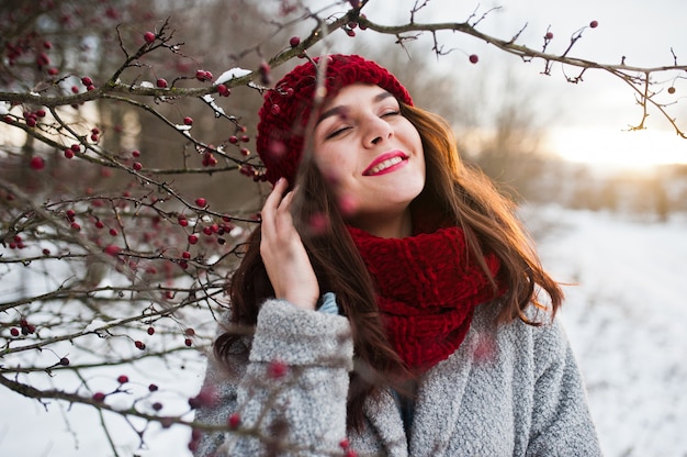 Portrait d'une fille douce en habit gris, bonnet rouge et écharpe près des branches d'un arbre enneigé.