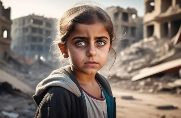 Portrait d'une fille effrayée sur la toile de fond d'une ville détruite Enfants de la guerre arrêtez la guerre, arrêtez la violence