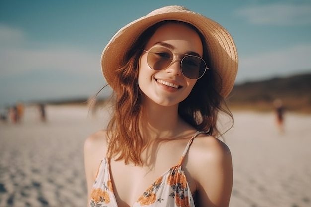 Portrait d'une fille heureuse au chapeau de paille sur la plage au bord de la mer en été en vacances AI générative