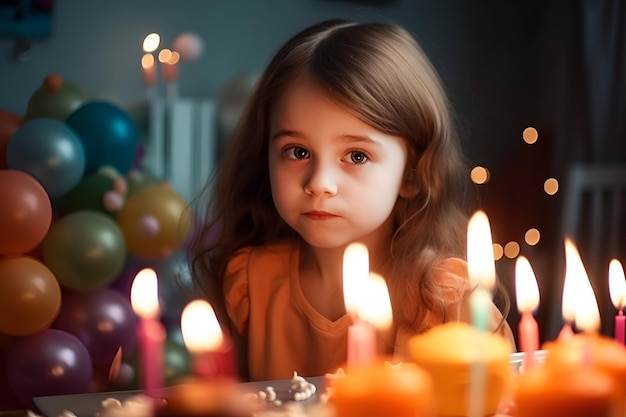 Portrait d'une fille heureuse avec un gâteau d'anniversaire et de nombreux ballons colorés en arrière-plan