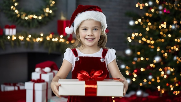 Portrait d'une fille heureuse en robe d'assistante de Père Noël montrant des boîtes à cadeaux