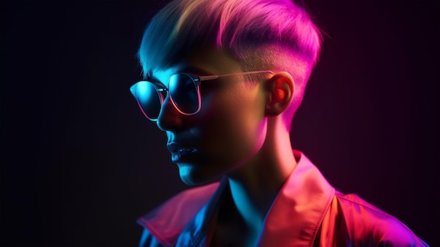 Portrait d'une fille hipster aux cheveux colorés sur fond sombre AI générée