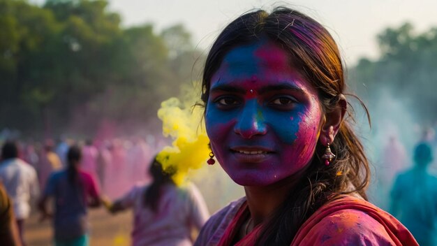 Portrait d'une fille indienne heureuse dans un sari hindou traditionnel sur la fête des couleurs Holi