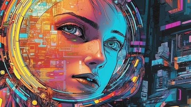 Portrait d'une fille avec une intelligence artificielle sur le fond de la ville Concept de fantaisie Peinture d'illustration