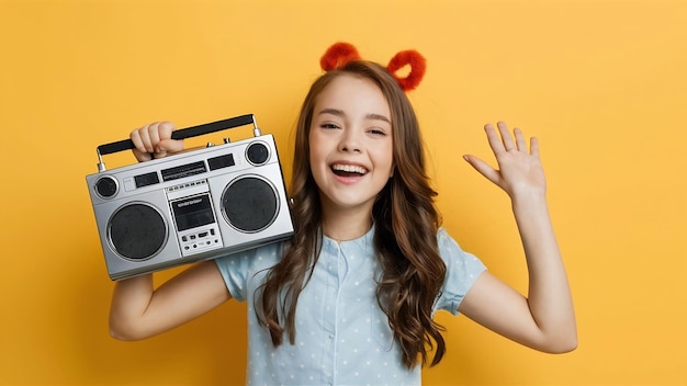 Portrait d'une fille joyeuse avec un boombox