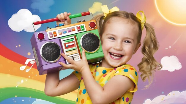 Photo portrait d'une fille joyeuse avec un boombox