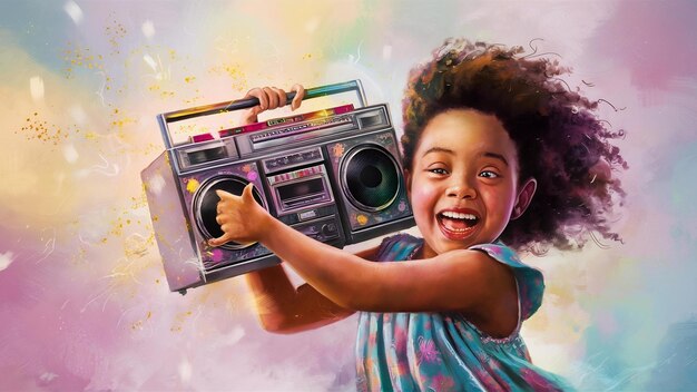 Photo portrait d'une fille joyeuse avec un boombox