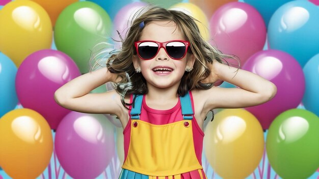 Portrait d'une fille joyeuse en lunettes de soleil posant