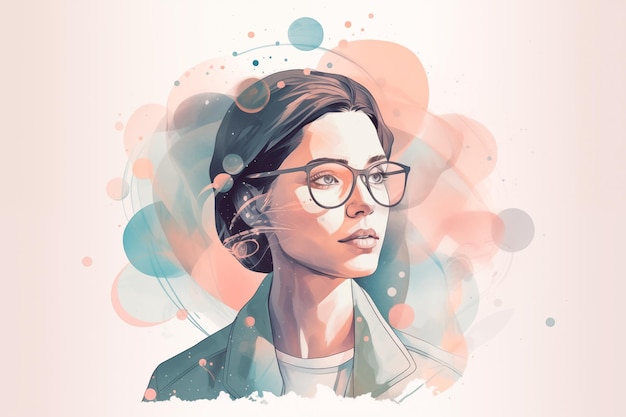 Portrait d'une fille en lunettes dans le style aquarelle sur un fond beige avec des taches d'IA générative