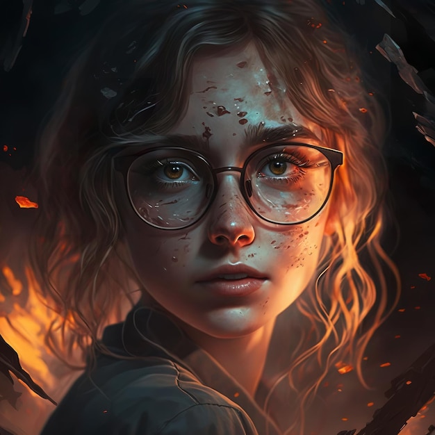 Un portrait d'une fille avec des lunettes et un feu brûlant derrière elle.