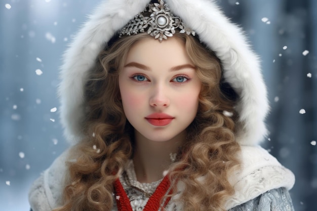 Portrait de la Fille des Neiges sur fond enneigé