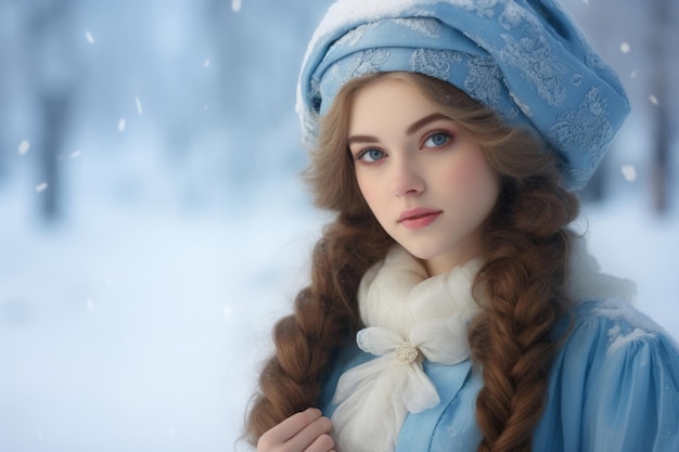 Portrait de la Fille des Neiges sur fond enneigé