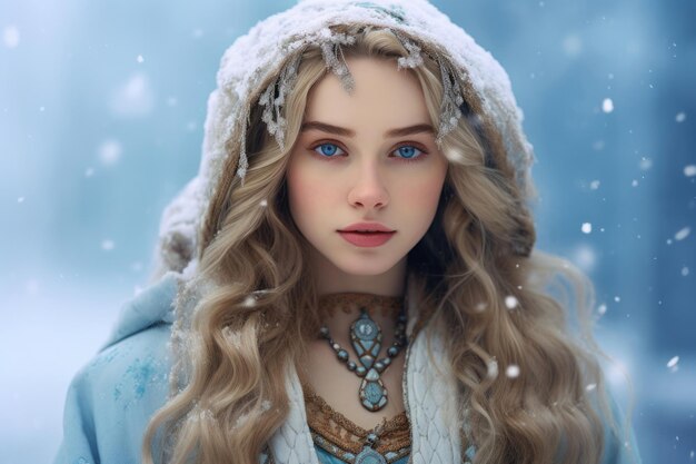 Portrait de la Fille des Neiges sur fond enneigé