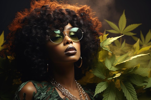 portrait d'une fille noire avec des feuilles de marijuana Le concept d'usage médical de la ganja et de la relaxation