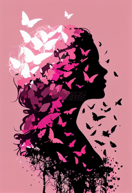 Portrait de fille papillon sur fond rose AI généré