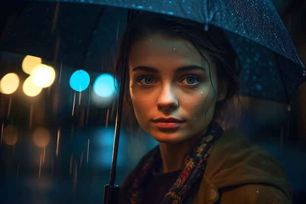 Portrait d'une fille avec un parapluie sous la pluie Réseau de neurones généré par l'IA