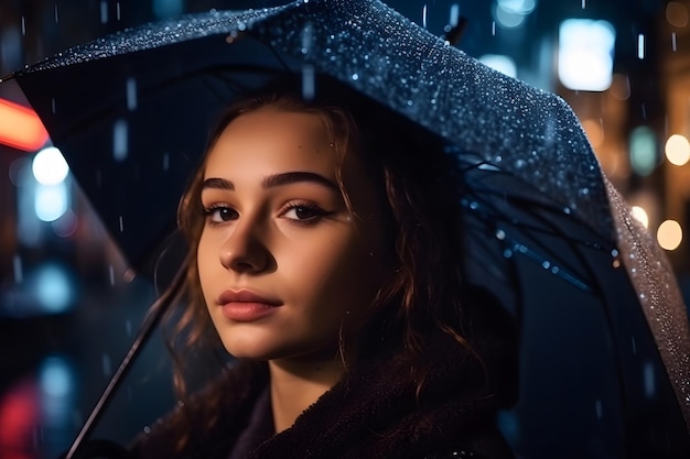 Portrait d'une fille avec un parapluie sous la pluie Réseau de neurones généré par l'IA