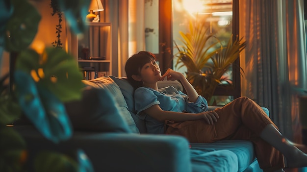 Portrait d'une fille qui se détend sur un canapé après le travail à la maison assise sur un sofa dans le li IA générative