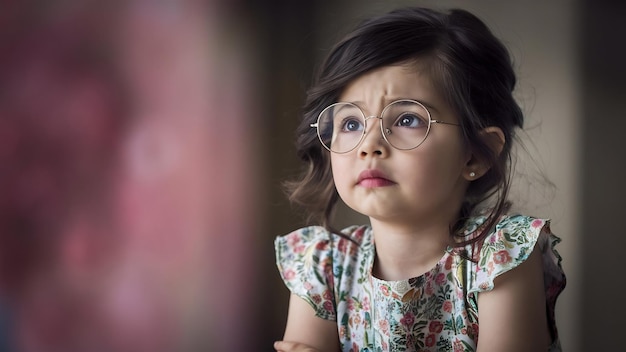 Portrait d'une fille réfléchie en robe et lunettes