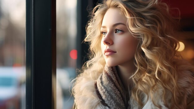 Portrait de fille regardant la fenêtre d'un café