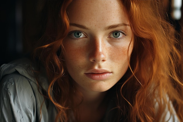 portrait d'une fille rousse avec des taches de rousseur en gros plan IA générative