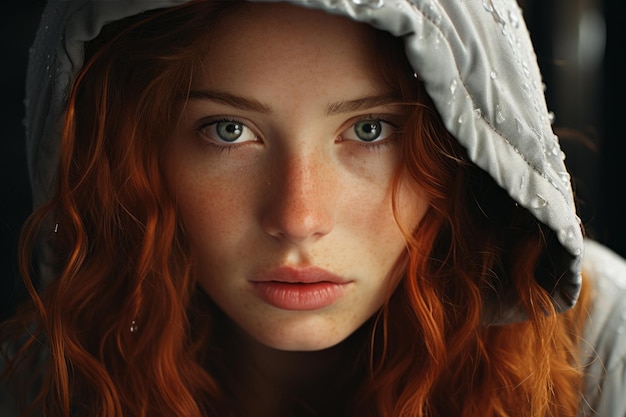 portrait d'une fille rousse avec des taches de rousseur en gros plan IA générative