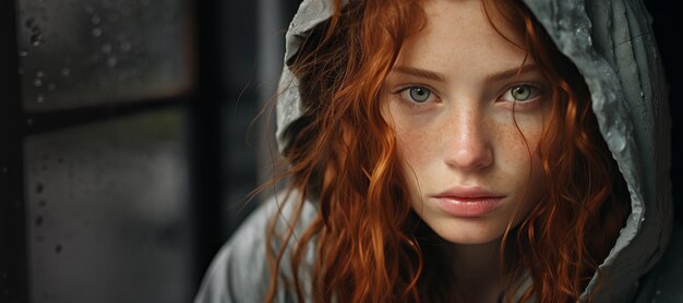 portrait d'une fille rousse avec des taches de rousseur en gros plan IA générative