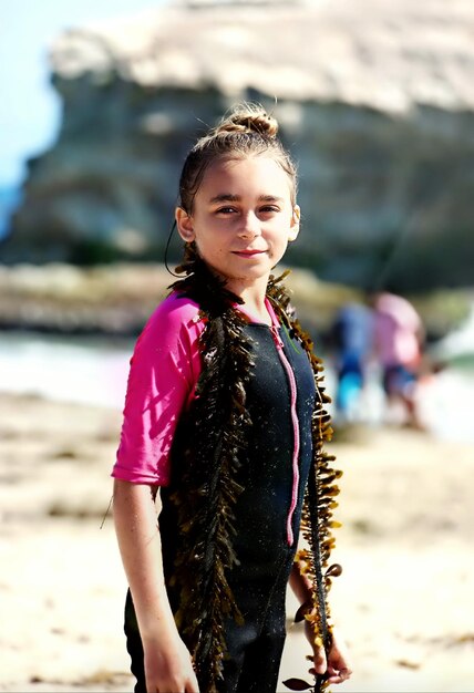 Photo portrait d'une fille souriante portant des algues alors qu'elle se tient sur le sable à la plage d'état de natural bridges