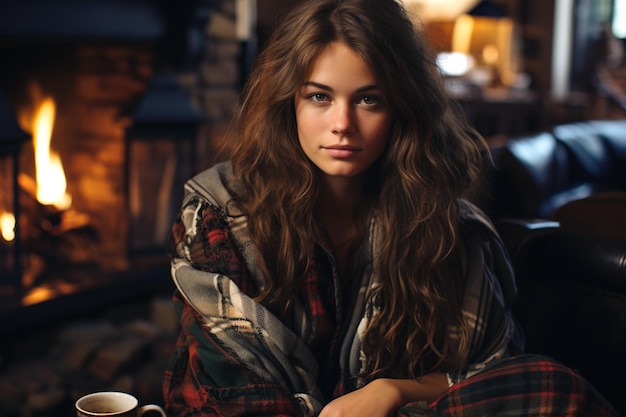 portrait d'une fille avec une tasse de café chaud dans un plaid à la maison près de la cheminée en hiver