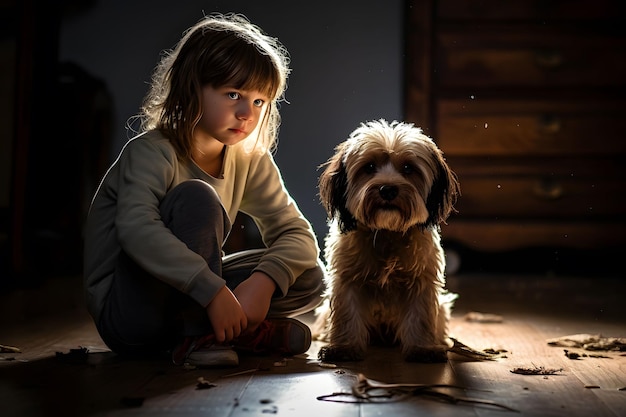 Portrait d'une fille triste assise à côté d'un chien après avoir cassé un pot