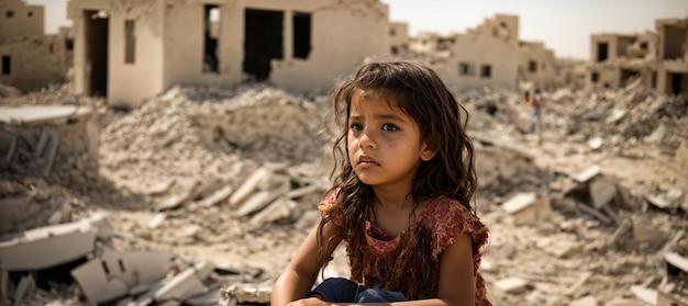 Portrait d'une fille triste sur le fond de maisons détruites en Palestine