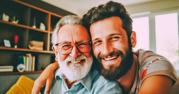 Portrait d'un fils adulte qui étreint son père aîné à la maison lors de la fête des pères avec amour pour la famille